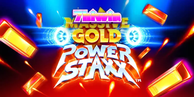 Tampilan visual futuristik dari slot Massive Gold Power Staxx dengan latar belakang galaksi neon